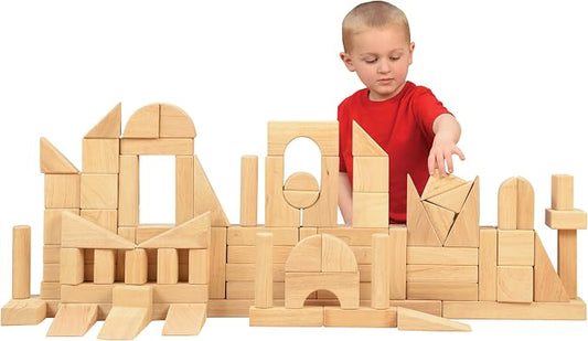 Constructive Playthings Wooden Blocks for Kids, 82-Piece Set with 13 Shapes, Educational Toy for Ages 2+, Ideal for Classrooms, Early Learning, Cooperative Play