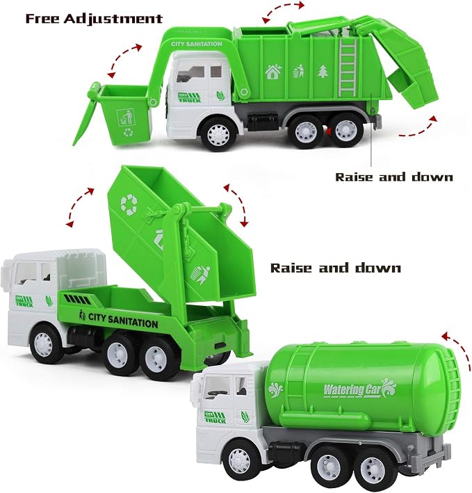FIVEDAOGANG Garbage Truck Toy, 3 Pack Friction Powered Waste Management Garbage Truck Game with Front Load Dumpster, Back Dump Garbage,4 Trash Bins with 108 pcs Trash Cards, Gift for 3+ Years Old Kids