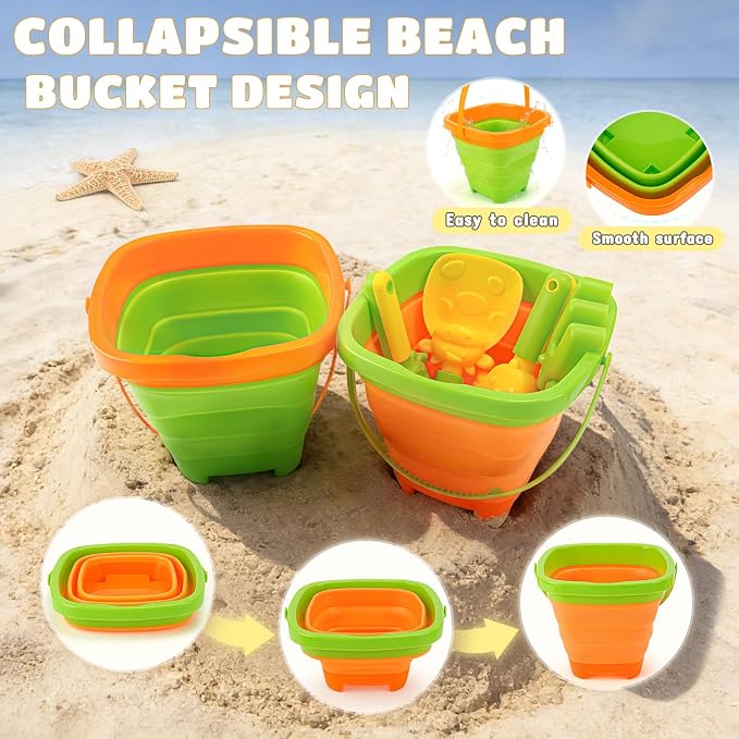 Dreamon 29PCS Beach Toys for Kids – Collapsible Beach Buckets, Shovels, Rakes & Animal Sand Molds with Mesh Bag – Farm Travel Sand Toys Sandbox Toys for Kids Ages 4-8
