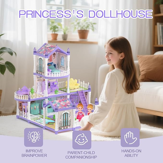 Lilac Purple Doll House for Girls, Dream Dollhouse 9 Rooms with 2 Dolls, Animals, Lights, Furniture and Accessories, Pretend-Play Toddler Playhouse Gift 3+ Year Old Girls Toys