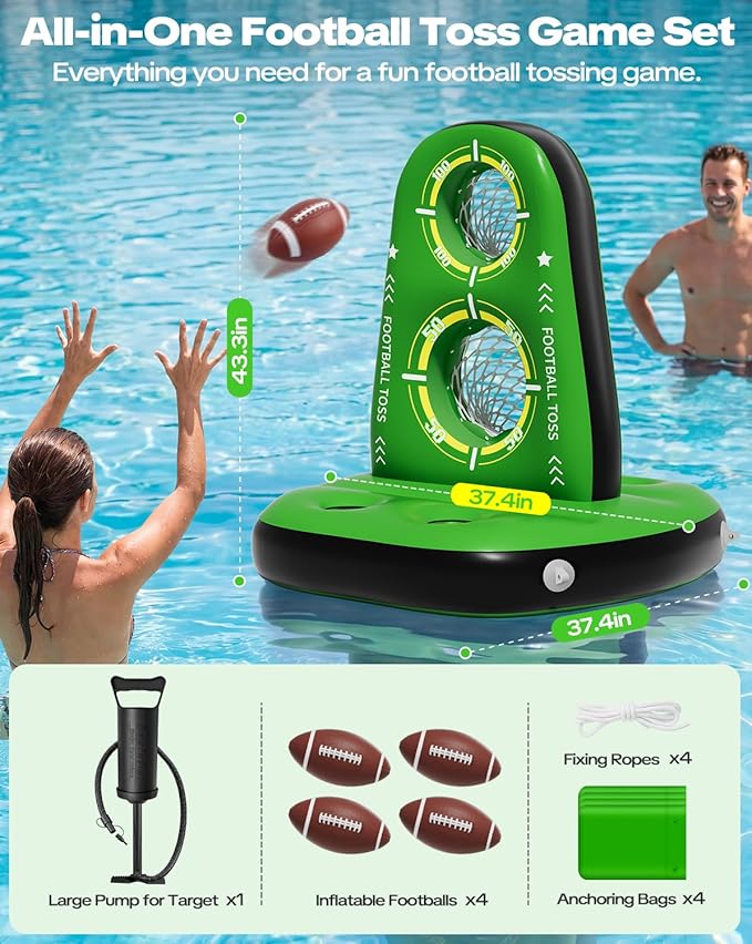 Inflatable Pool Football Toss Games, Water Football Target with 4 Balls & 2 Pumps, Stable Base & Dual Net Design, Outdoor Pool Toys for Kids & Adults