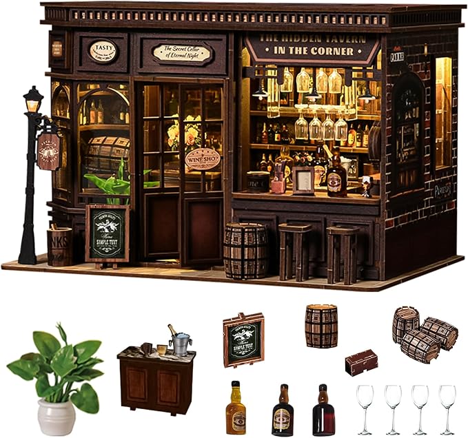 Roroom DIY Miniature House Kit, Vintage Corner Tavern Dollhouse Kit | Wooden 3D Puzzles for Adults with LED, Bookshelf, Desk and Bedside Room Decor, Relaxing Craft Project, Creative Gift