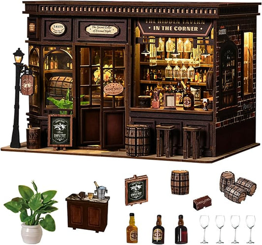 Roroom DIY Miniature House Kit, Vintage Corner Tavern Dollhouse Kit | Wooden 3D Puzzles for Adults with LED, Bookshelf, Desk and Bedside Room Decor, Relaxing Craft Project, Creative Gift