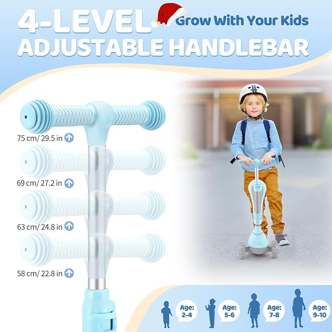 Kids Scooter with Seat, 2 in 1 Kick Toddler Scooter with LED Light-Up Wheels and Light up Deck, 4 Adjustable Heights, Lean to Steer, 3 Wheels Scooter Suitable for Boys & Girls Ages 2-8 Years