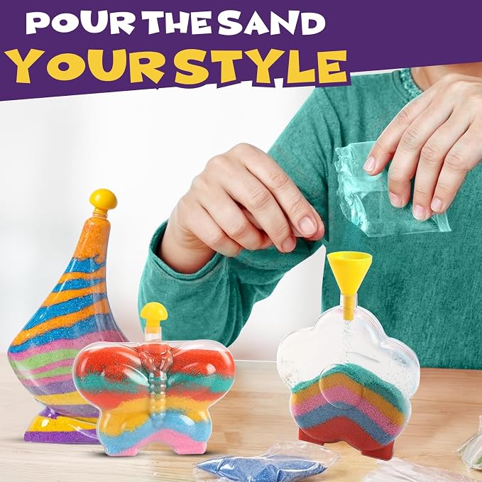 Create Your Own Magic Sand Art Glitter Activity | Glow in the Dark Colored Custom Sand Kits for Kids - Includes 12 Bottles, Funnels, Sticks, 60 Bags of Colorful Sand | DIY Arts and Crafts (24 Pack)