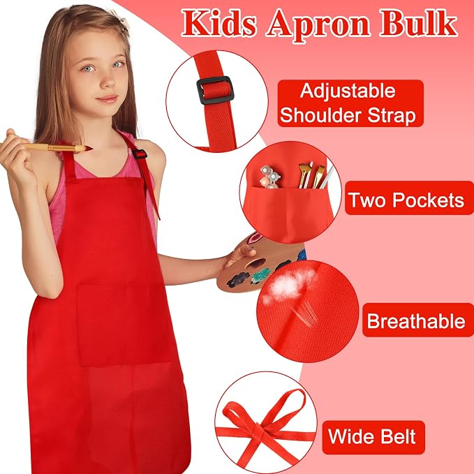 12 Pack Kids Apron bulk with 2 Pockets Adjustable Chef Art Apron Kids Painting Aprons for Cooking Baking Painting Crafting Grilling Activity（Red）