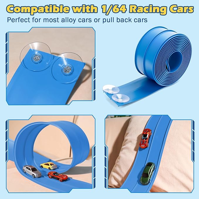 Flex Tracks 15 Ft Starter Set Flexible Race Track for Kids 3+, Flexible Car Track Race Car Ramp Track Compatible with Diecast 1/64th Cars, Portable Rolls Up Race Tracks with Strong Suction Cups