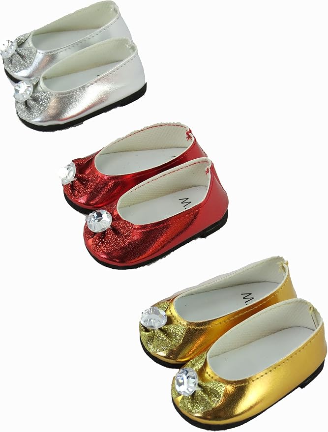 American Fashion World Red, Gold, and Silver Glitter Bow Flats for 18-Inch Dolls | 3 Piece Set | Premium Quality & Trendy Design | Dolls Shoes | Shoe Fashion for Dolls for Popular Brands