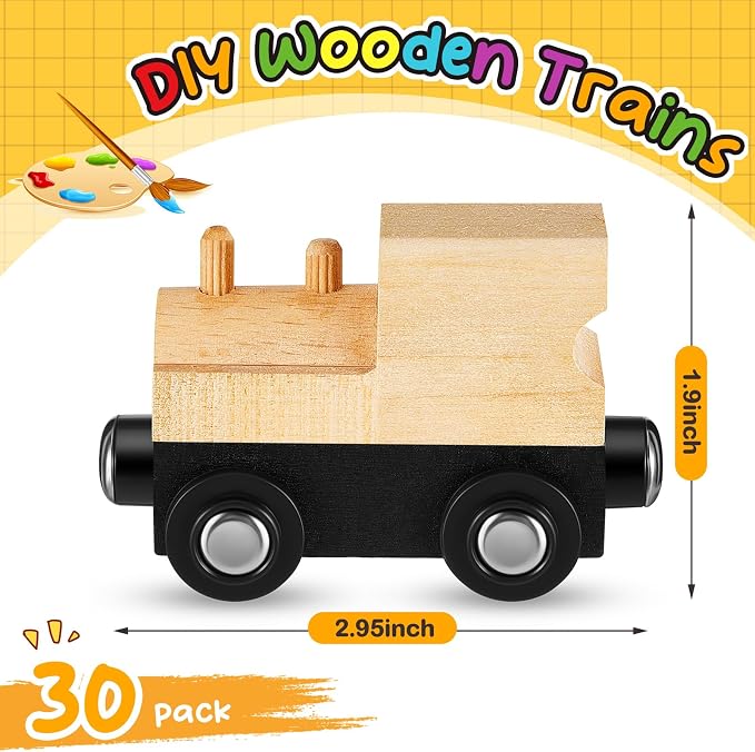 Halloscume 30 Pcs Unfinished DIY Wooden Trains Magnetic Unpainted Wooden Train Cars Toys for Railway Paint Project, Birthday Party Decorations Back to School Crafts Gifts Supplies (Classic)