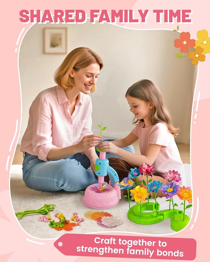 DIY Art Flower Toys Include Extra Accessories Set, Arts and Crafts Activity Kit for Kids, Flower Garden Building Toys for Girls, Birthday Gifts for 3 4 5 6 7 8 9 10 11 12 Year Old Girls (Pink)