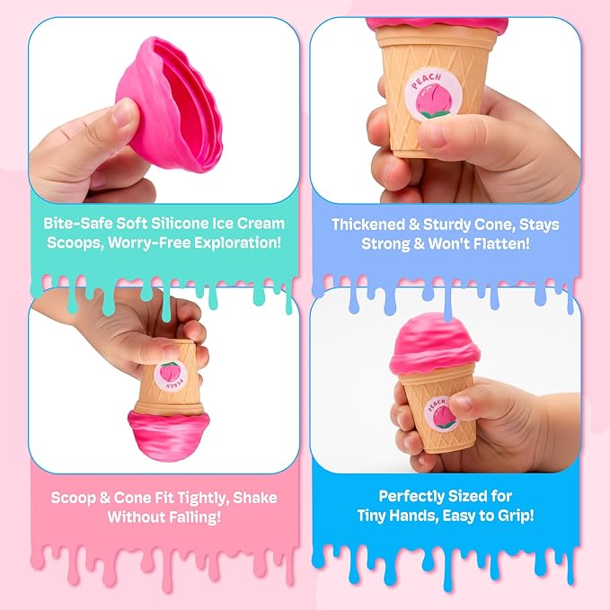 JoyCat Ice Cream Toy Set for Toddlers 1-5, Color Sorting & Stacking Toys, Pretend Play Food for Boy Girls Kids, Educational Fine Motor Skills Gift (5 Cones 5 Scoops)