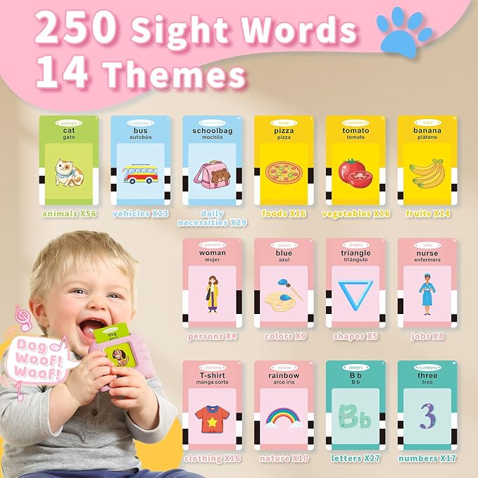 Aullsaty Toddler Toys Bilingual English and Spanish Talking Flash Cards for 1 2 3 4 5 6 Year Old Boys and Girls, Autism Sensory Toys for Autistic Children, Learning Educational Speech 250 Sight Words