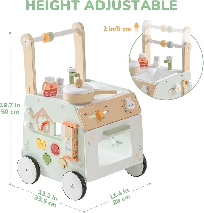 ROBOTIME Baby Walker Push Toy, Adjustable Height & Speed, Prevents Bow Legs, Spring Garden Activity Center with Clock, Shape Sorter, Play Kitchen, and Sink, Ideal Toddler Walking Toy for 10+ Months