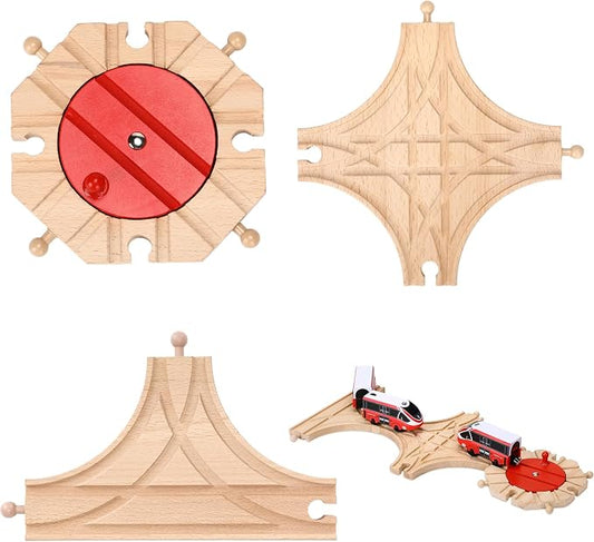 RoundFunny 3 Pcs Wooden Train Track Expansion Set Wooden Train Accessories 8 Way Wood Track Turntable, Forked Rails and Wood T Train Track Compatible with Most Railroad for Table Tabletop Activities