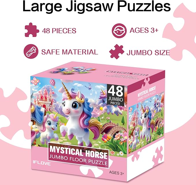 IFLOVE Unicorn Floor Puzzle for Kids — 48 Piece Jumbo Rainbow Unicorn Jigsaw Puzzle, 35 x 24 Inch Large Magical Unicorn Puzzle, Educational Toy Birthday for Girls Boys Ages 3-8