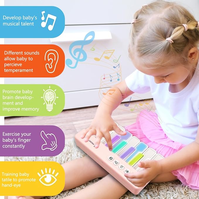 Toddlers Piano Toy with Rainbow Lights, Portable Travel Piano Keyboard Musical Instrument Learning Toys, Music Interactive Birthday Gift for 3 4 5 Year Old (Pink)