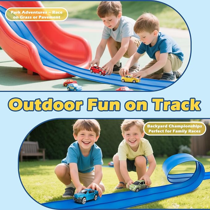 Flex Tracks 15 Ft Starter Set Flexible Race Track for Kids 3+, Flexible Car Track Race Car Ramp Track Compatible with Diecast 1/64th Cars, Portable Rolls Up Race Tracks with Strong Suction Cups