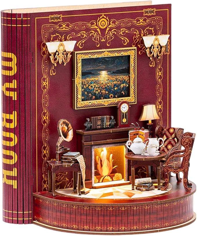 DIY Miniature House Kit,Tiny House Corner Kit Book Nook Kit for Adults,Wooden Puzzle with LED, Halloween/Christmas/Birthday Gifts for Family/Friends,Book Theater