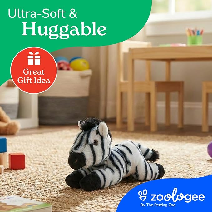 The Petting Zoo Zebra Stuffed Animal Plushie, Gifts for Kids, Scoopz Wildlife Animals, Zebra Plush Toy, 8 inches