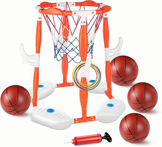 Pool Basketball Hoop, 2-in-1 Floating Pool Toys 360° Shooting Ring Toss Games with 4 Balls 12 Rings & Pump, Indoor Outdoor Swimming Pools Basketball Water Play Toy for 4-8 8-12 Kids Adults