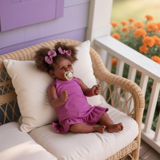 JIZHI Reborn Baby Dolls Black - 22 Inch Lifelike Soft Body Realistic-Newborn Baby Dolls Taupe Eyes Caramel Skin Tone Pink Striped Skirt Real Life and Toy Accessories Gift for Kids Age 3