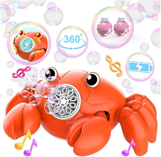 360° Crawling Crab Bubble Macine, Obstacle Avoidance, Music & LED Light | USB-C Rechargeable Tummy Time Toy, 3 Separate Buttons Control Bubbles, Movement & Music, Gift for 3+ Toddlers, Boys, Girls