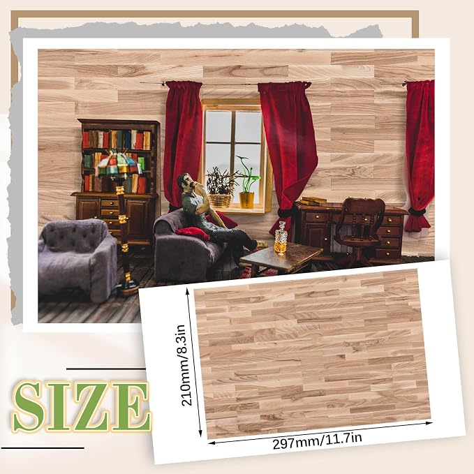 Flutesan 12 Pcs Miniature Dollhouse Wallpaper and Flooring Peel and Stick Mini DIY Self Adhesive Dollhouse Accessories 8.27 x 11.69 Inch (Natural Style)