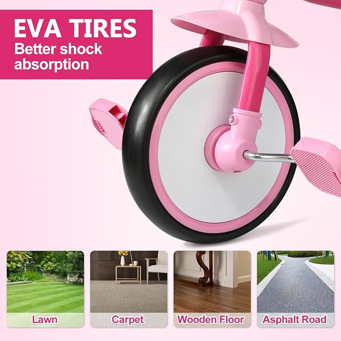 Liberry Foldable Toddler Tricycle Age 2 3 4 Years Old, Kids Trike with Adjustable Seat, Basket & Streamers, 3 Wheel Bike Riding Toy Birthday Gift for Girls Boys, Pink