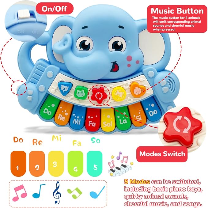 Baby Music Toys for Toddlers, Light Up Music Baby Toys for 18+ Months Early Learning Educational Piano Keyboard Infant Toys Baby Boy Girl Gifts (Elephant)