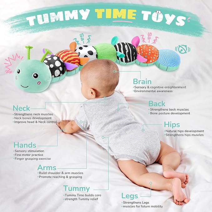 AWOTOY Baby Toys 6-12 Months Music Caterpillar,Stuffed Animals Infant Toys 0-3-6 Months,Baby Sensory Toys Tummy Time with Crinkle Rattle Teething Toys for Newborn Boys Girls Gifts Birthday|Ice Blue