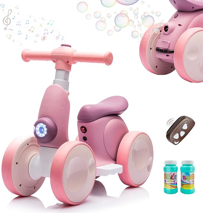 JoyRydz 6V Electric Baby Balance Bike with Bubble Machine,4 in 1 Toddler Balance Bike w/Remote for 1 Year Old Boys Girls Kids Bubble Bike Ride on Toys w/Powered Motor,Music,LED Lights (Purple)