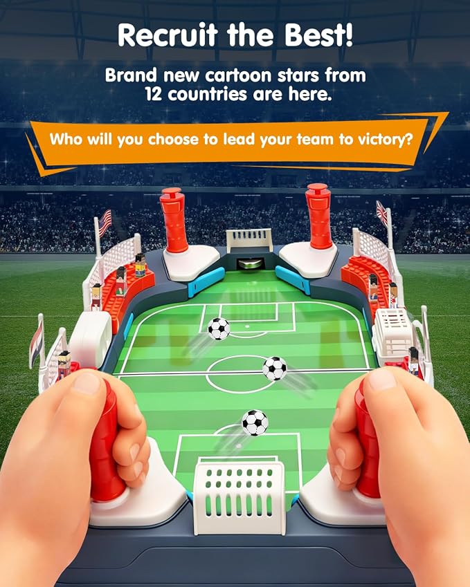 Soccer Board Game for Kids with 12 Countries Flag Stickers & 12 Star Player Figures – Interactive Foosball Table Game, Mini Pinball Sports Toy Boys Girls Birthday Family Party