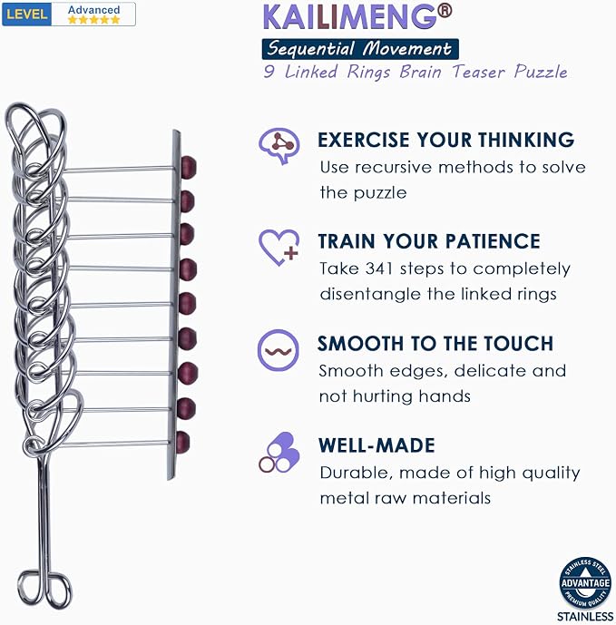 KAILIMENG 9 Linked Rings Metal Puzzle - Adult Hard Puzzle - Brain Teasers Mind Game for Adults - Classical Handheld IQ Trick Toy
