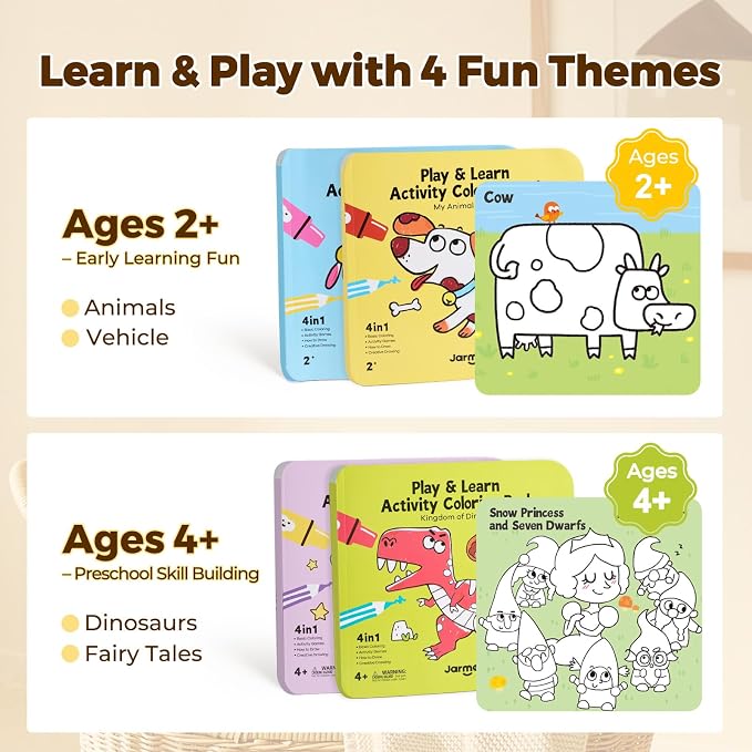 Jar Melo Dinosaur & Princess Coloring Books Set for Kids Ages 4–8, 2 Pack Fun & Learning Activity Books for Kids, Includes Colorful Backgrounds, Stickers & Reward Certificate