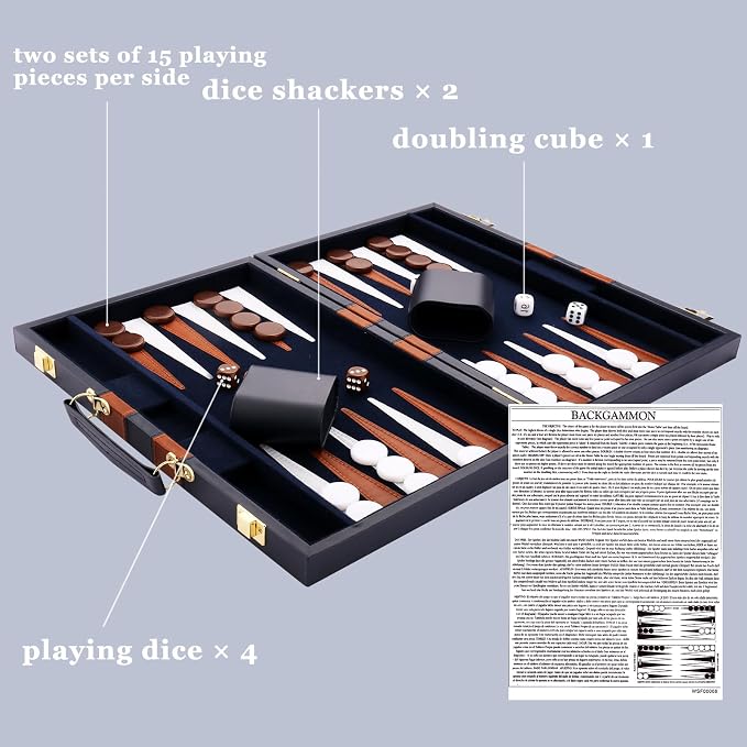 Backgammon Set - Classic Board Game with Premium PU Leather Case - Portable Travel Strategy Backgammon Game Set for Adults, Kids Family Game Night, Vacation & Gifts (18inch Large, Navy)