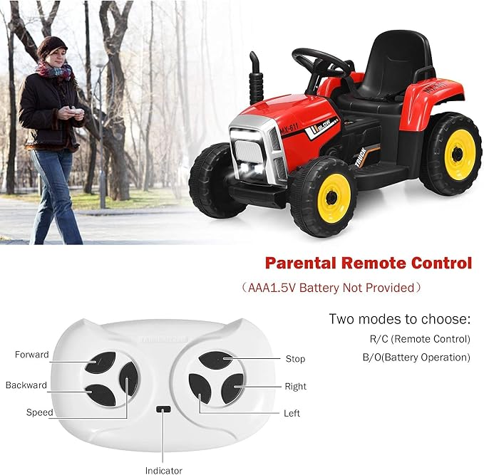 Costzon Ride on Tractor with Detachable Trailer, Kids' Electric Vehicles w/3-Gear-Shift Ground Loader, Wireless Design & USB, 7 LED Headlights, Remote Control Tractor Toy for Kids 3+ (12V, Red)