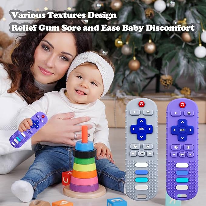 2-Pack Silicone Baby Teething Toys, Fire TV Remote Shape for 18 Months Infant, Toddlers, Boys and Girls Early Educational Sensory Toy (Black+Purple)