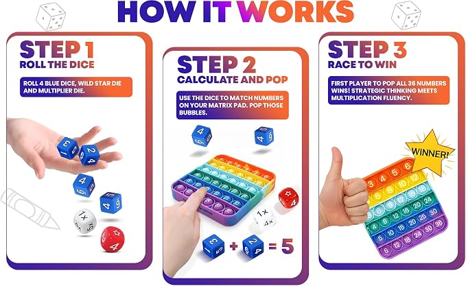 Matrix Dice Game – Pop-and-Play Bubble Pad Educational Math Dice Game – Fun Math Games for Kids 8–12, Teens, Adults, and Seniors – Ideal for Classrooms and Family Board Game Night for 2-4 Players