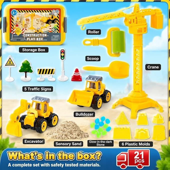 Carolart Construction Sensory Bin, Mess-Free Sandbox Playset with Glow in The Dark Stones, Play Sand with Toy Excavator and Bulldozer, Sensory Sand Activity Kit, STEM Gift for Boys Girls Ages 3-8
