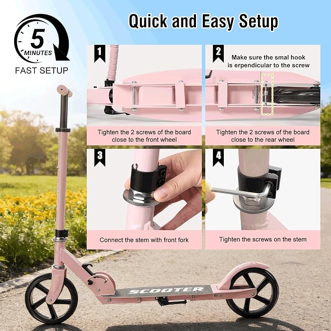 Scooter for Age 6+, Folding Kick Scooters for Kids 8-12,Teens, Adults up to 250Lbs,3 Adjustable Heights, Rear Brake, Wide Antislip Deck, Lightweight Scooter for Boys Girls
