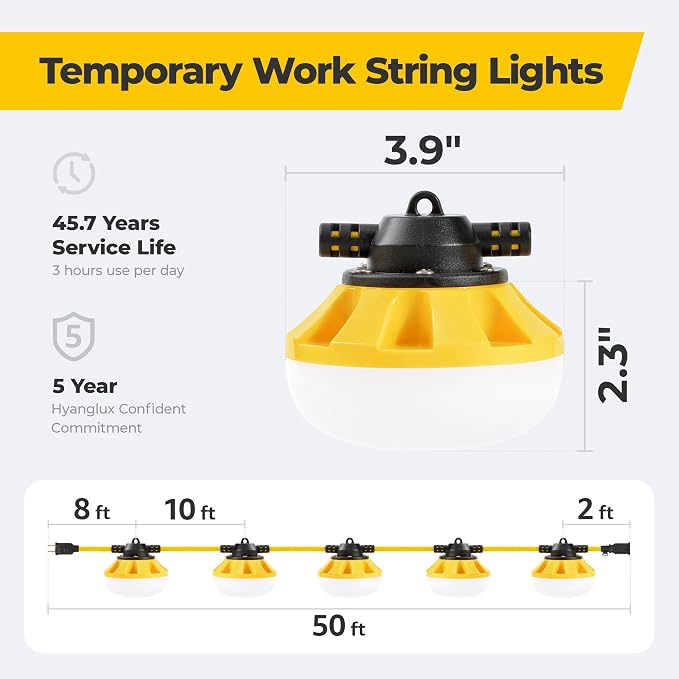 50FT Construction String Lights, 5-Light LED Work Light, 50W 5500LM, ETL Certified, 18/2 SJTW Cord, IP65 Waterproof, Linkable up to 16 Sets, for Attic, Basement, Crawlspace, Garage