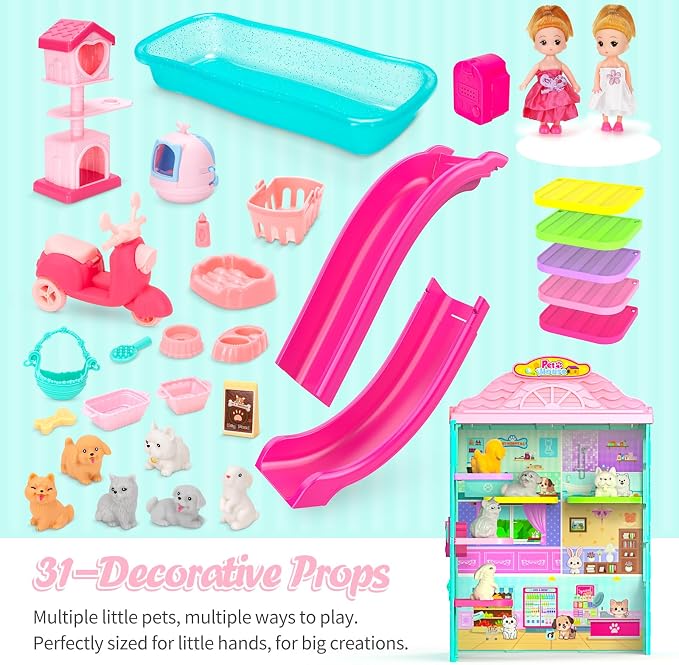Dollhouse of Pets Toy Play Set, Foldable Pets Doll House with 31PCS Includes 2Dolls, Motor, Pool, 6Little Pets, Slide and Sounds, Pretend-Play Toddler Playhouse Ideal Gift for Children aged 3+