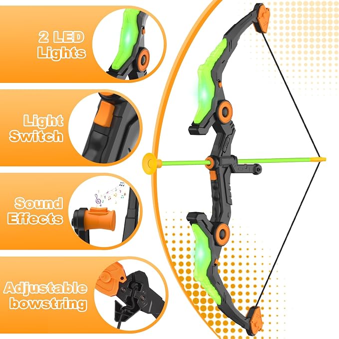 Kmuxilal Kids Bow and Arrow Set with LED Flash Lights, 10 Suction Cup Arrows, Quiver and Fluorescence Standing Target-Perfect Indoor and Outdoor Archery Set Toy Gift for Boys and Girls Ages 4-12