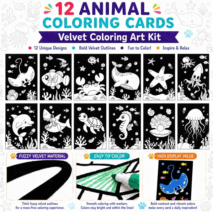 Cinrobiye 48 Pcs Velvet Coloring Posters Summer Fuzzy Posters to Color Bulk Felt Ocean Animal Coloring Page Craft for Adults Teenagers All Ages Classroom Assisted Living Festive Holiday Activity