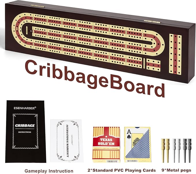 ESENHARBER Cribbage Board Game Set, Premium Wooden Board with Magnetic Lock and Metal Pegs, 2 Playing Cards, and Large Storage - Travel-Friendly Continuous 3 Track Board