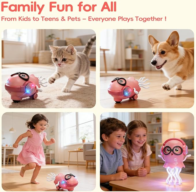 GONINO DJ Dancing Jellyfish Baby Girl Toys, Musical Crawling Tummy Time Toys with LED Light & Smart Obstacle Avoidance, 360° Spin Sensory Toys for Toddlers Kids, Birthday Gifts for Girls, Pink