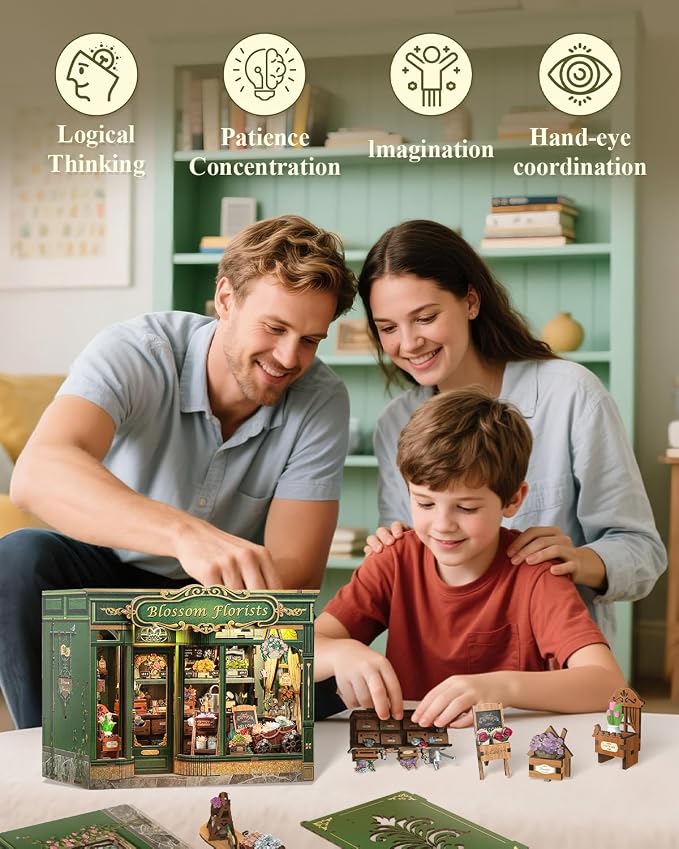 Cutefun Book Nook Kit - DIY Miniature Flower Shop Booknook Kits for Adults and Teens, 3D Wooden Puzzle Bookend Bookshelf with LED Light, Creative Crafts Gifts for Book Lovers (Blossom Florists)