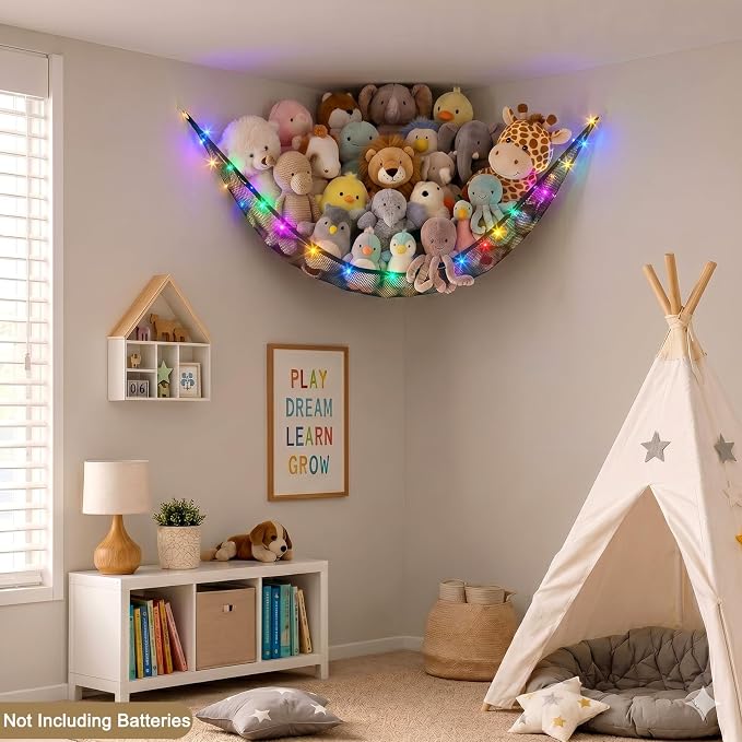 Unicorn Castle Stuffed Animals Net or Hammock Kids Toy Storage Organizer with LED Light Hanging Corner Stuffed Animals Holder Kids Girls Room Decor,Black,Large (Pack of 1)