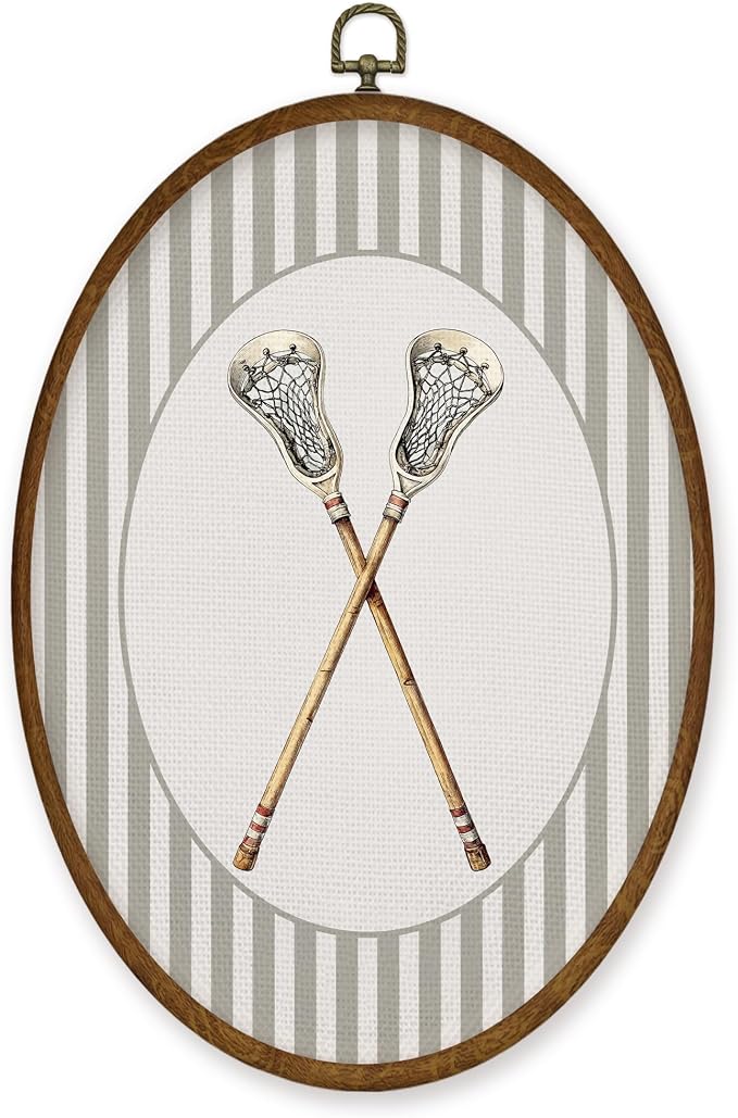 WULQYING Lacrosse Sticks Sports Nursery Wall Art Decor, Boys Room Oval Framed Canvas Art Prints, Neutral Striped Sport Lover Gift Wall Hanging Decor for Kids Nursery Room Playroom, 8.5x11.3 Inches