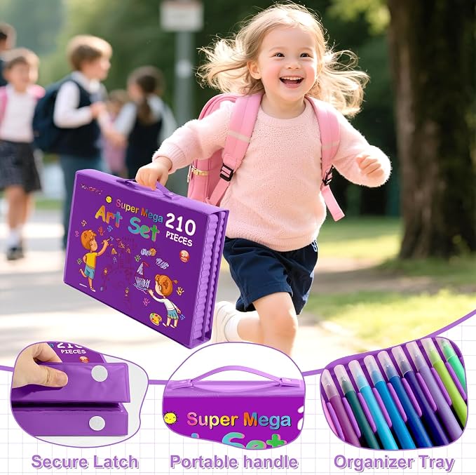 GOTIDEAL Art Supplies for Kids,Drawing Art Kit,210 PCS Kids Art Set with Double Sided Trifold Easel,Coloring Book, Crayons, Markers, Watercolor Pens, Arts & Crafts,Gift for 4-12 Year Old Girl(Purple)